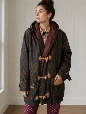 Vintage Forenza Puffer Lightweight Paisley Hooded Parka Leather Accents to Sz L